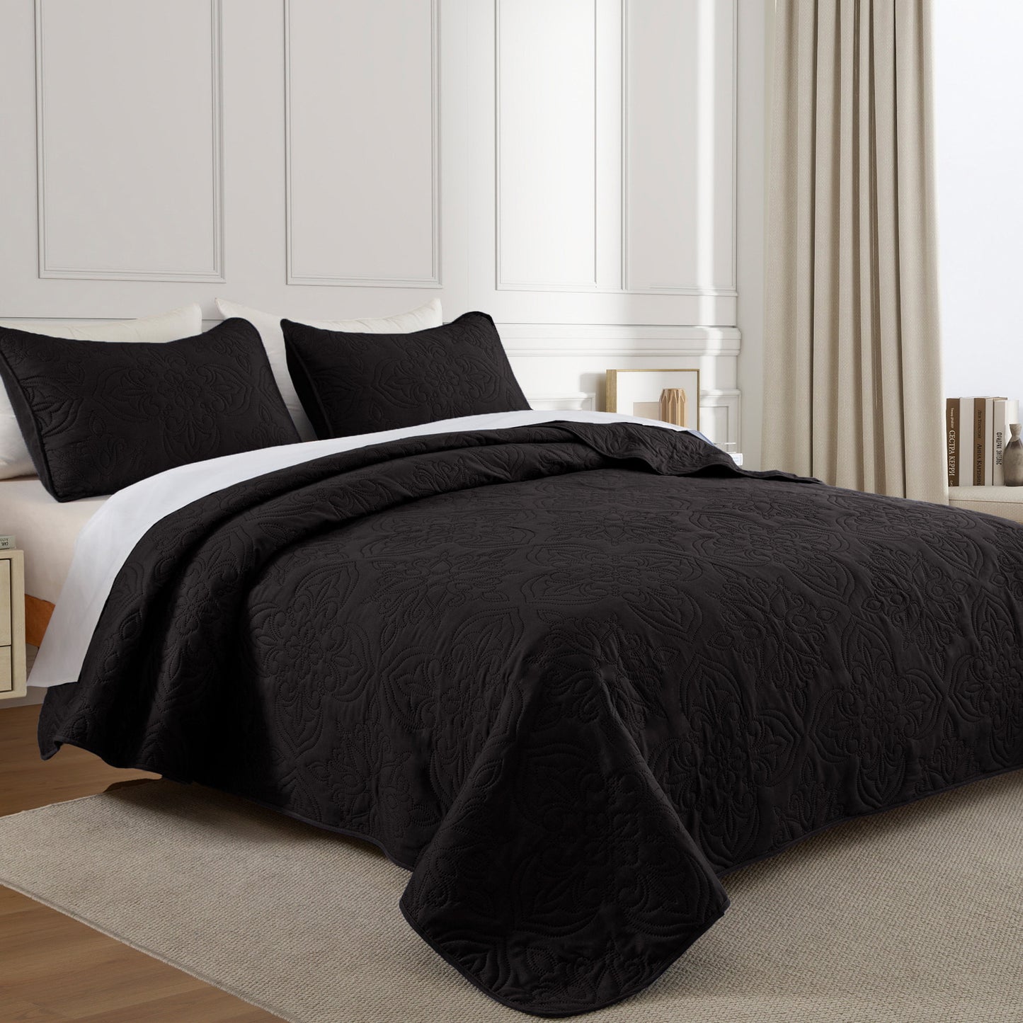 Whale Flotilla Soft Queen Quilt Bedding Set for All Seasons, Vintage Damask Ultrasonic Full Size Quilts Set, Lightweight Reversible Bedspread, Coverlet, Bed Cover with 2 Pillow Shams, Black