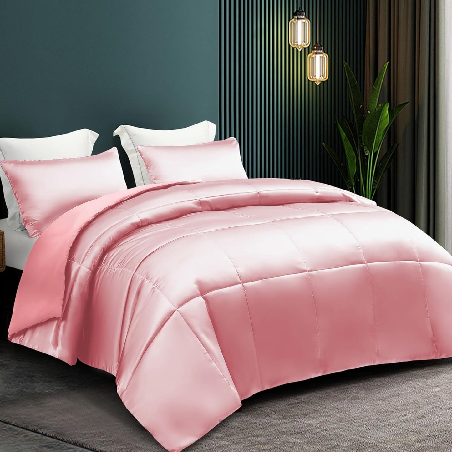 Whale Flotilla 2-Piece Reversible King Size Silk Comforter Set/Bedding Set, Soft Satin Comforter with 1 Satin Pillowcases, Lightweight Duvet Set for All Seasons, Haze Blue