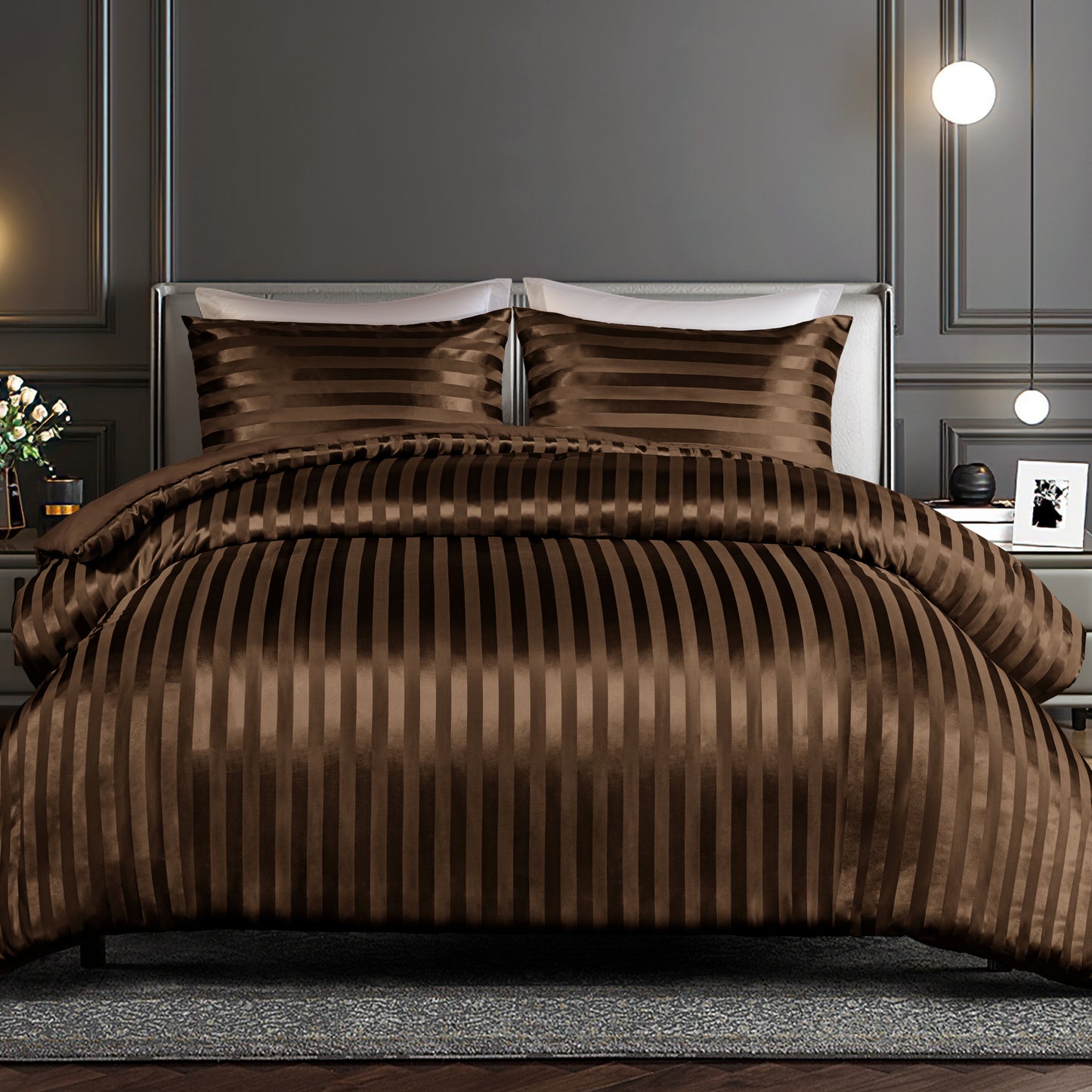 Whale Flotilla 2-Piece Reversible Silky Soft Twin Size Comforter Set, Luxury Stripe Satin Comforter Bedding Set with Satin Pillowcase, Lightweight Duvet Set for All Seasons, Brown
