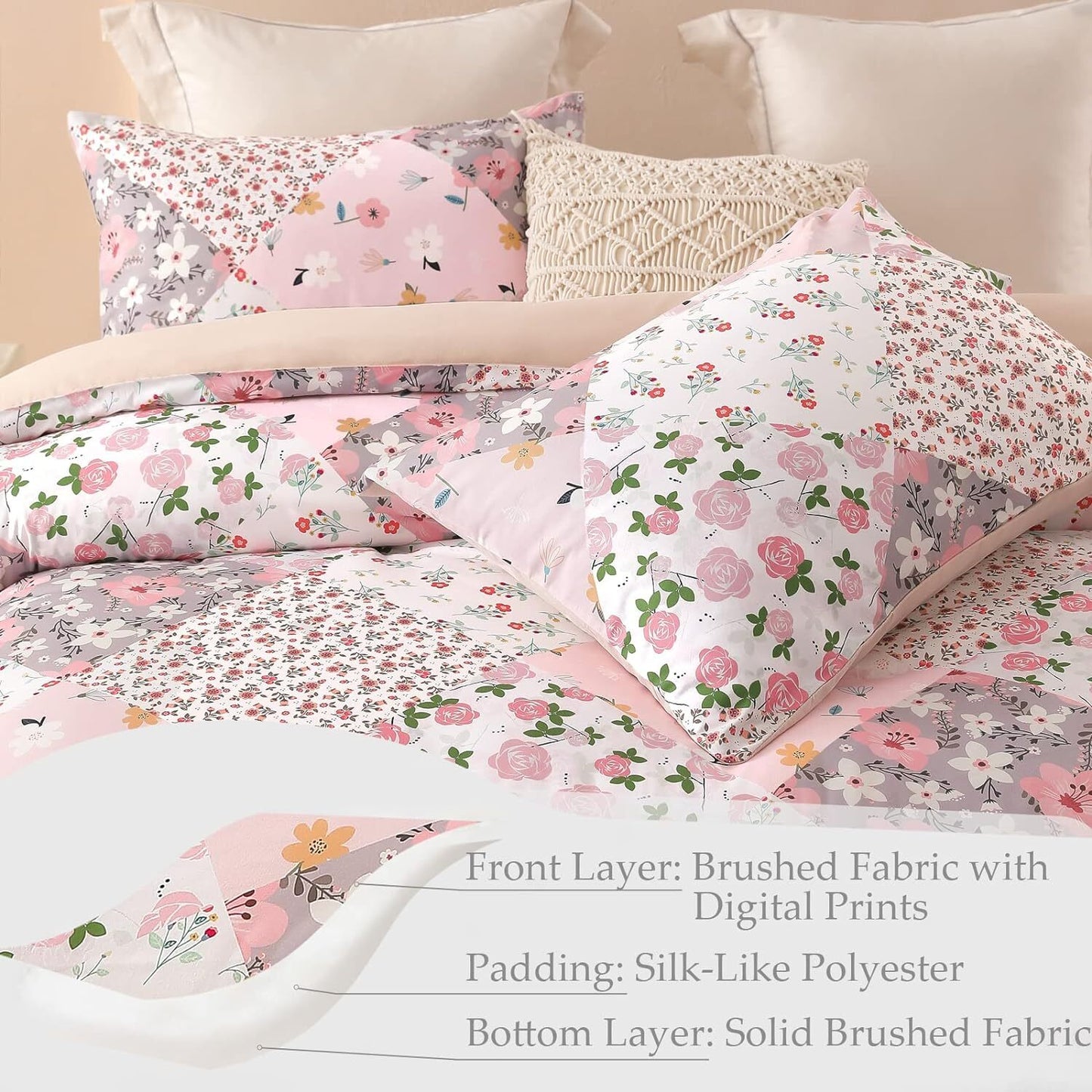 Whale Flotilla 3-Piece Queen Comforter Set, Soft Reversible Full Size Bedding Comforter Sets, Patchwork Printed Down Alternative Comforter Duvet for All Seasons, Pink