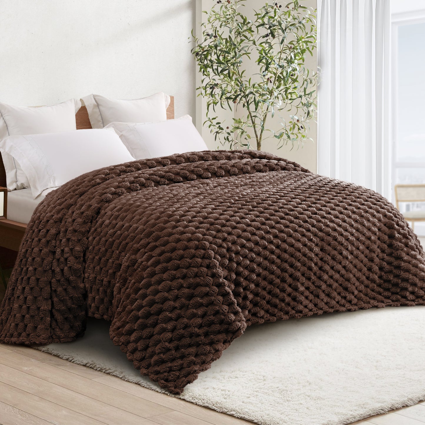 Whale Flotilla Twin Size Blanket for Bed with Expanded 3D-Jacquard Pattern, Fuzzy Soft Cozy Exquisite Blankets or All Season, Warm and Fluffy, 60x80 Inch, Coffee