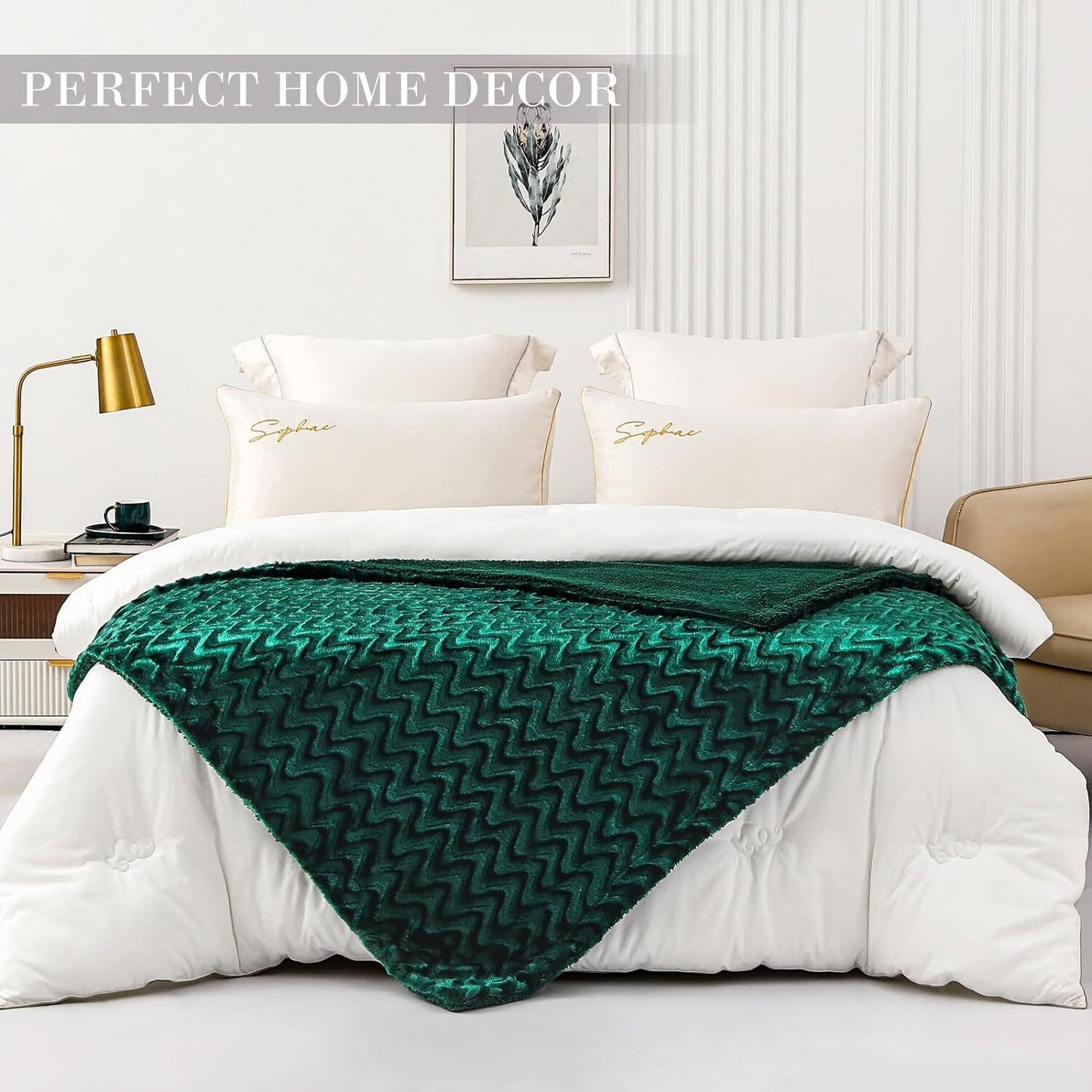 Whale Flotilla Faux Fur Sherpa King Size Blanket, Cozy Reversible Fuzzy Fluffy Plush Blankets with Stylish for Winter Fall, Warm and Soft, 90x104 Inch, Emerald Green