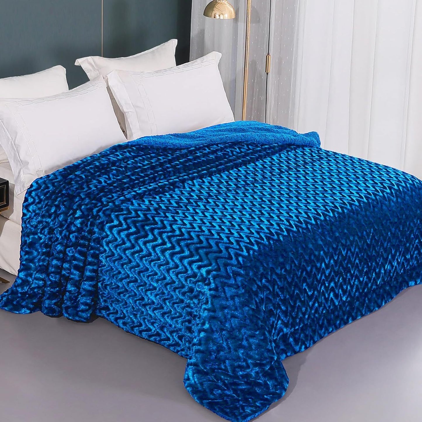 Whale Flotilla Faux Fur Sherpa King Size Blanket, Cozy Reversible Fuzzy Fluffy Plush Blankets with Stylish for Winter Fall, Warm and Soft, 90x104 Inch, Royal Blue