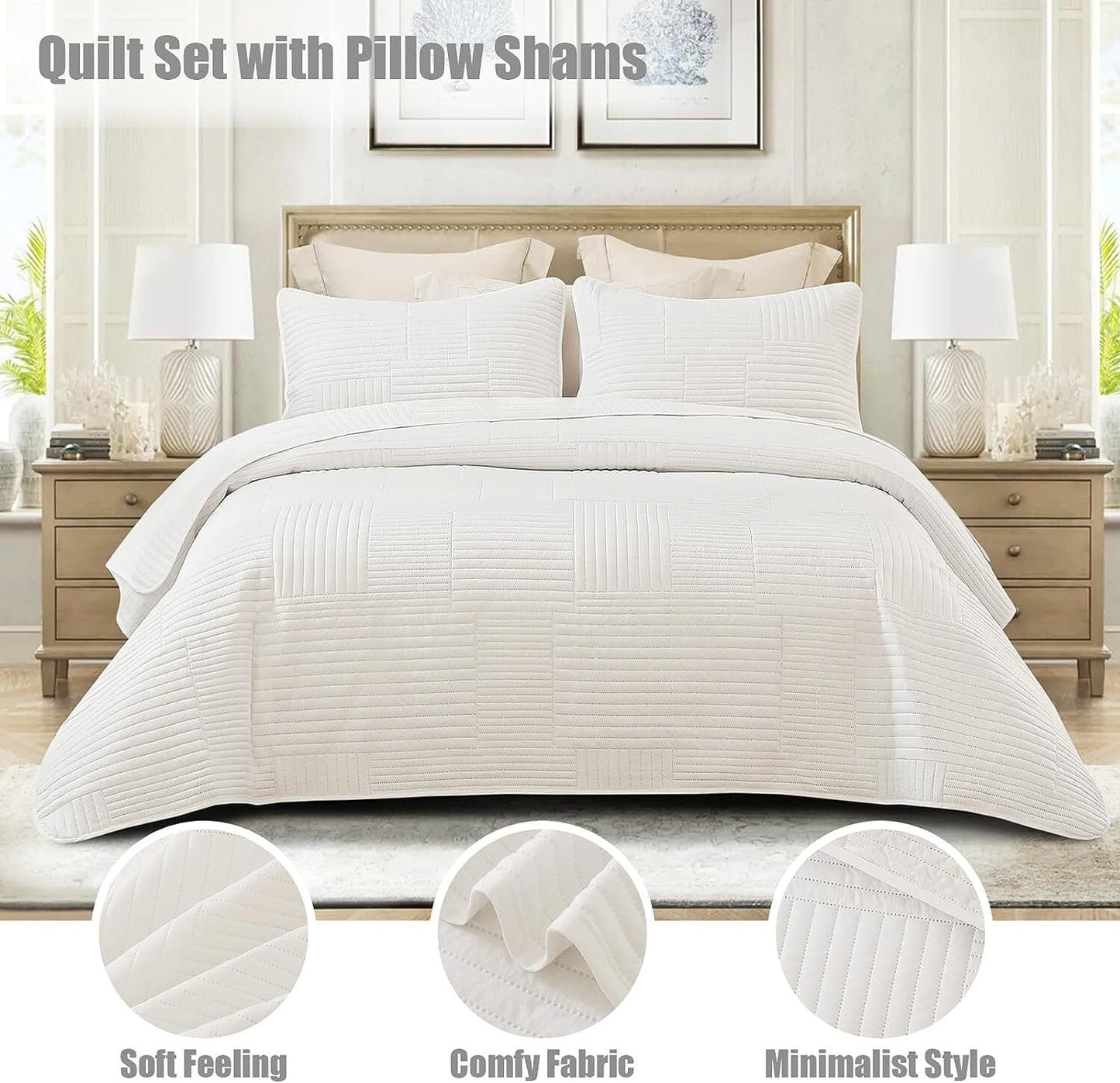 Whale Flotilla Twin Quilt Set, Soft and Lightweight Bedspreads Coverlet with Striped Pattern, Bedding Sets with Pillow Sham, Reversible Bed Cover for All Seasons, 68x88 Inches, White Grid