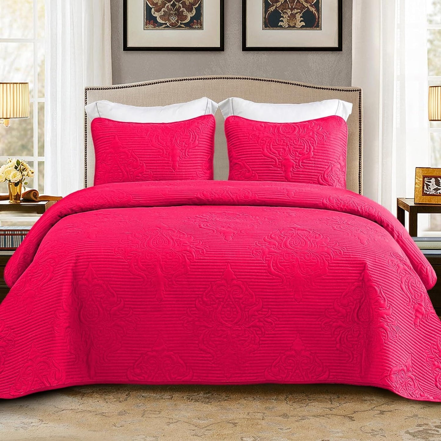 Whale Flotilla 3-Piece King Quilt Set, Soft Embossed Bedding Set, Lightweight Bedspread Coverlet with Damask Vintage Pattern, Reversible Bed Cover for All Seasons, Hot Pink