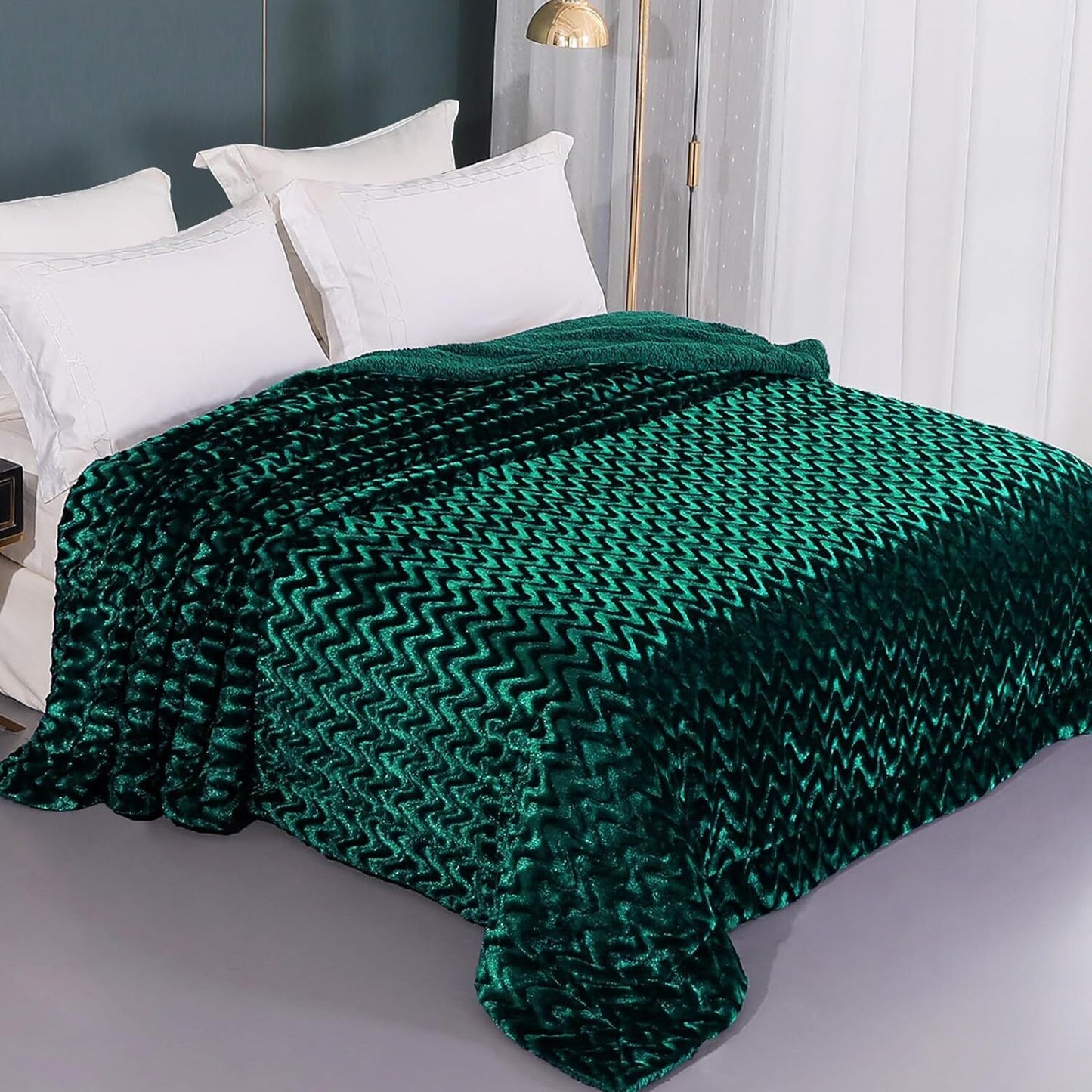 Whale Flotilla Faux Fur Sherpa King Size Blanket, Cozy Reversible Fuzzy Fluffy Plush Blankets with Stylish for Winter Fall, Warm and Soft, 90x104 Inch, Emerald Green