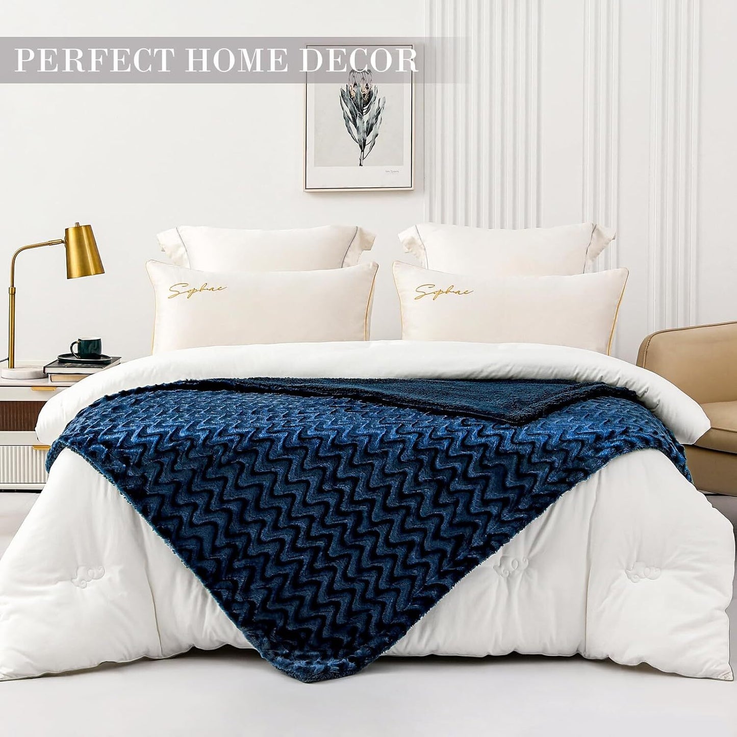Whale Flotilla Faux Fur Sherpa Queen Size Blanket, Cozy Reversible Fuzzy Fluffy Plush Blankets with Stylish for Winter Fall, Warm and Soft, 90x90 Inch, Navy