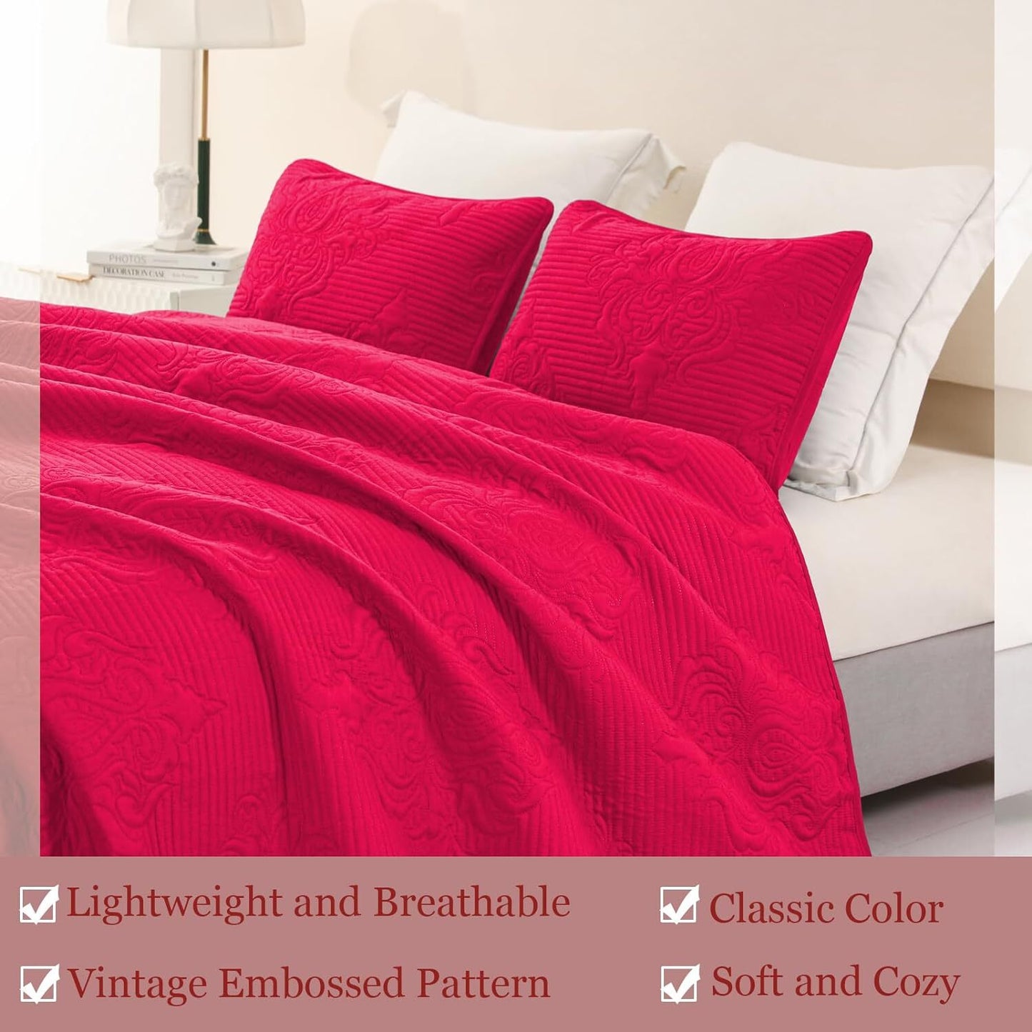 Whale Flotilla 3-Piece King Quilt Set, Soft Embossed Bedding Set, Lightweight Bedspread Coverlet with Damask Vintage Pattern, Reversible Bed Cover for All Seasons, Hot Pink