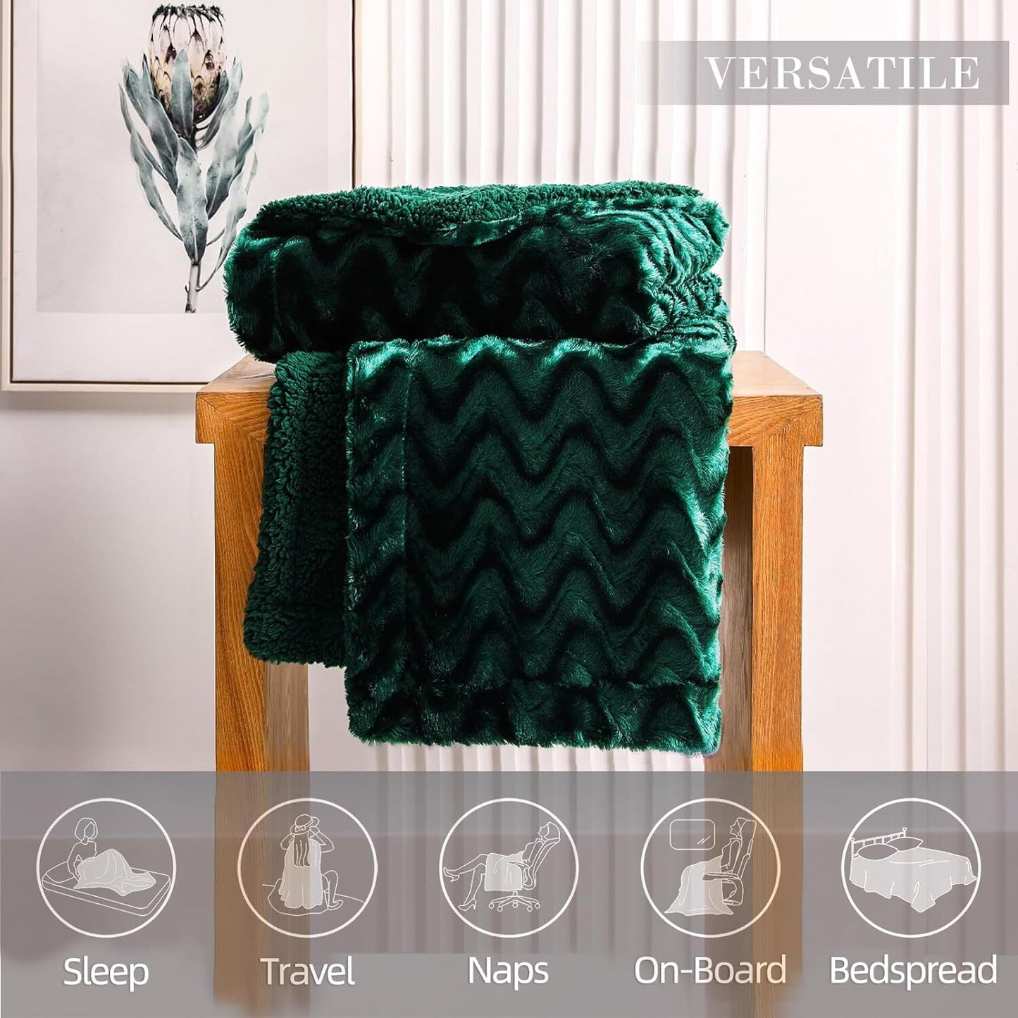Whale Flotilla Faux Fur Sherpa King Size Blanket, Cozy Reversible Fuzzy Fluffy Plush Blankets with Stylish for Winter Fall, Warm and Soft, 90x104 Inch, Emerald Green