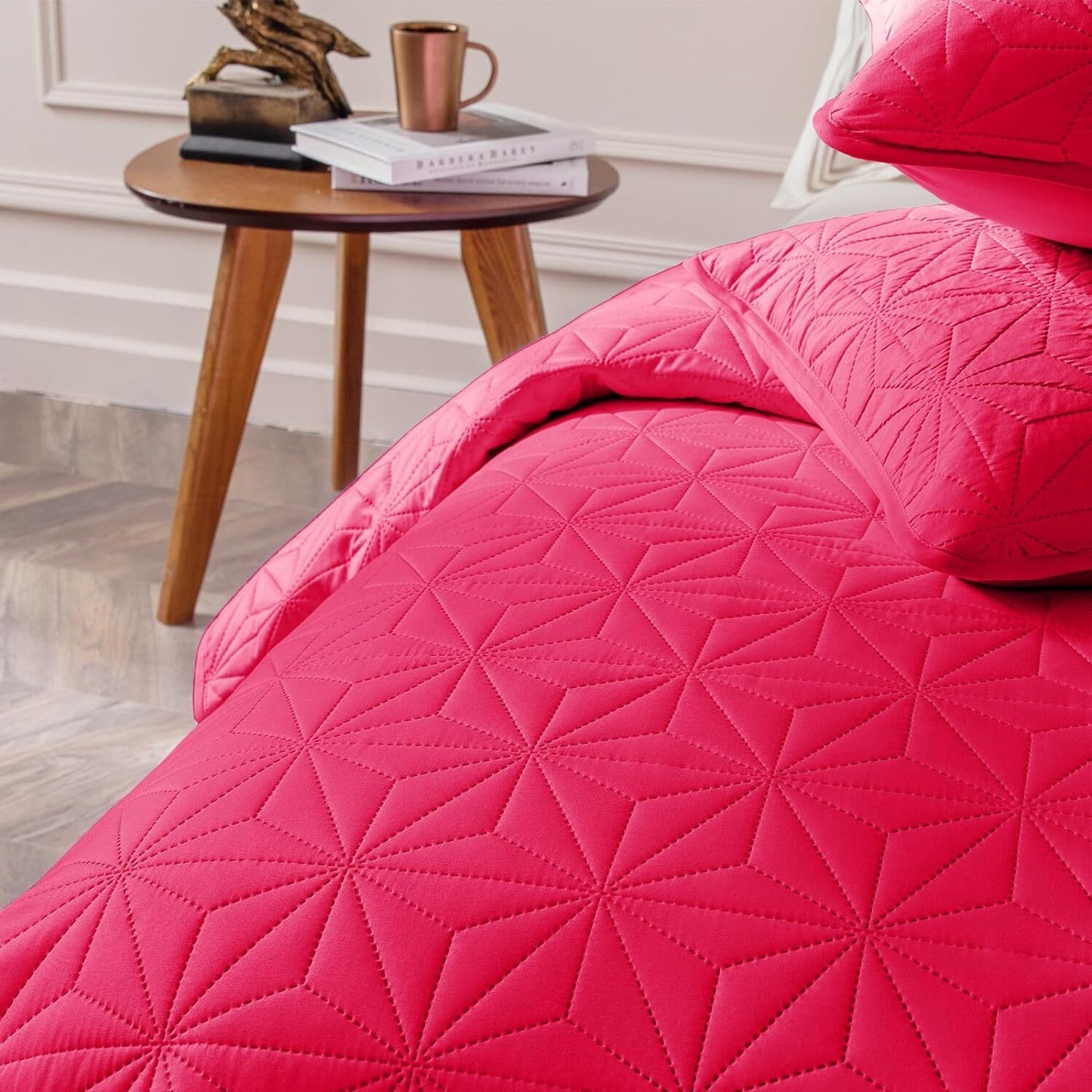 Whale Flotilla Quilt Set King Size, Soft Microfiber Lightweight Bedspread Coverlet Bed Cover (Striped Pattern) for All Seasons, Hot Pink, 3 Pieces (Includes 1 Quilt, 2 Shams)