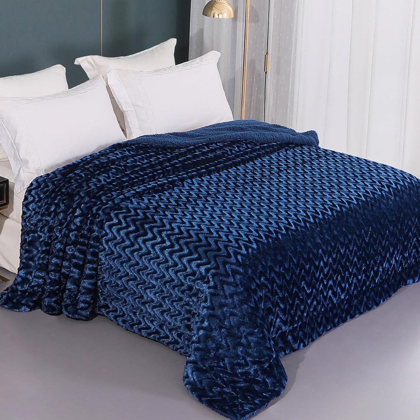 Whale Flotilla Faux Fur Sherpa Queen Size Blanket, Cozy Reversible Fuzzy Fluffy Plush Blankets with Stylish for Winter Fall, Warm and Soft, 90x90 Inch, Navy