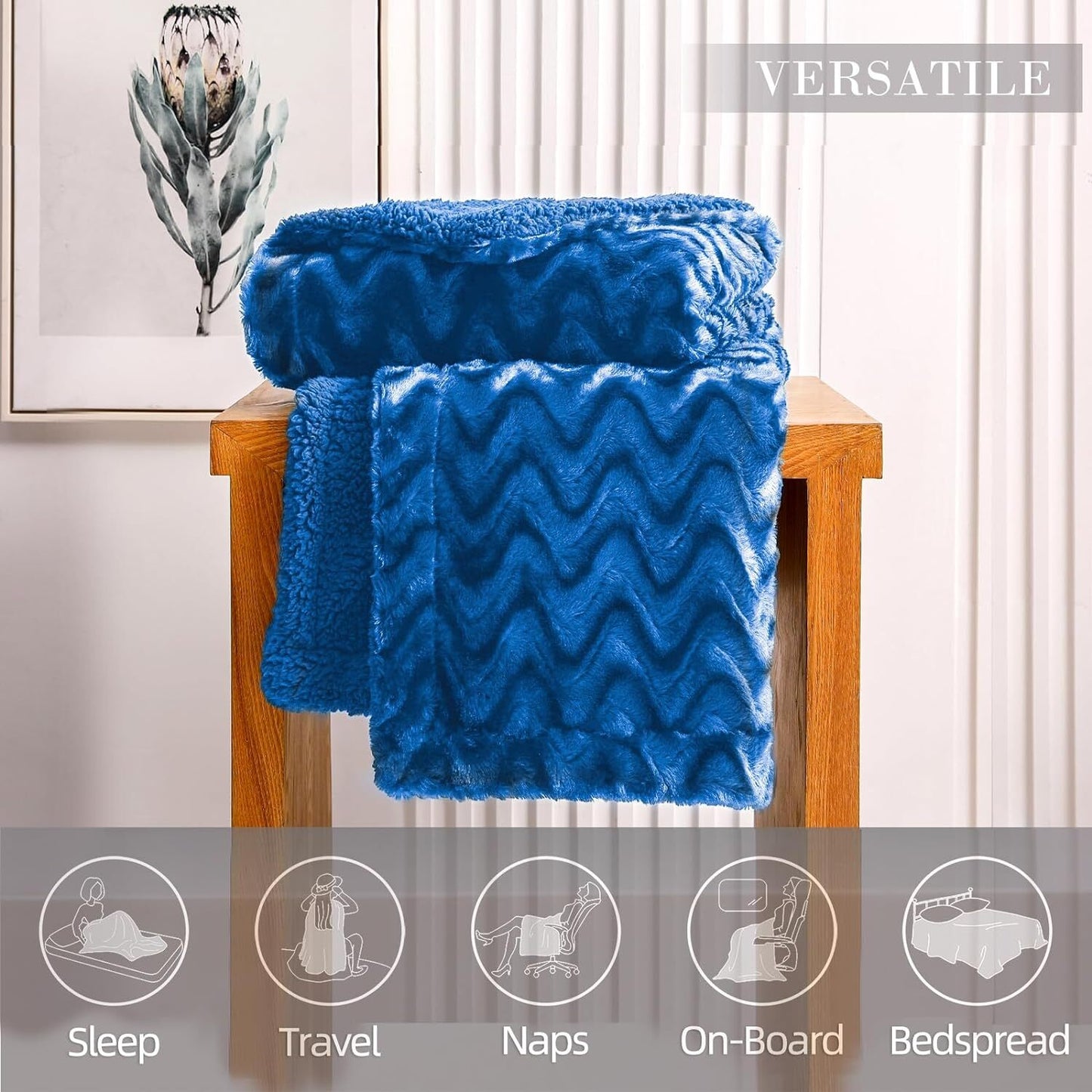 Whale Flotilla Faux Fur Sherpa King Size Blanket, Cozy Reversible Fuzzy Fluffy Plush Blankets with Stylish for Winter Fall, Warm and Soft, 90x104 Inch, Royal Blue