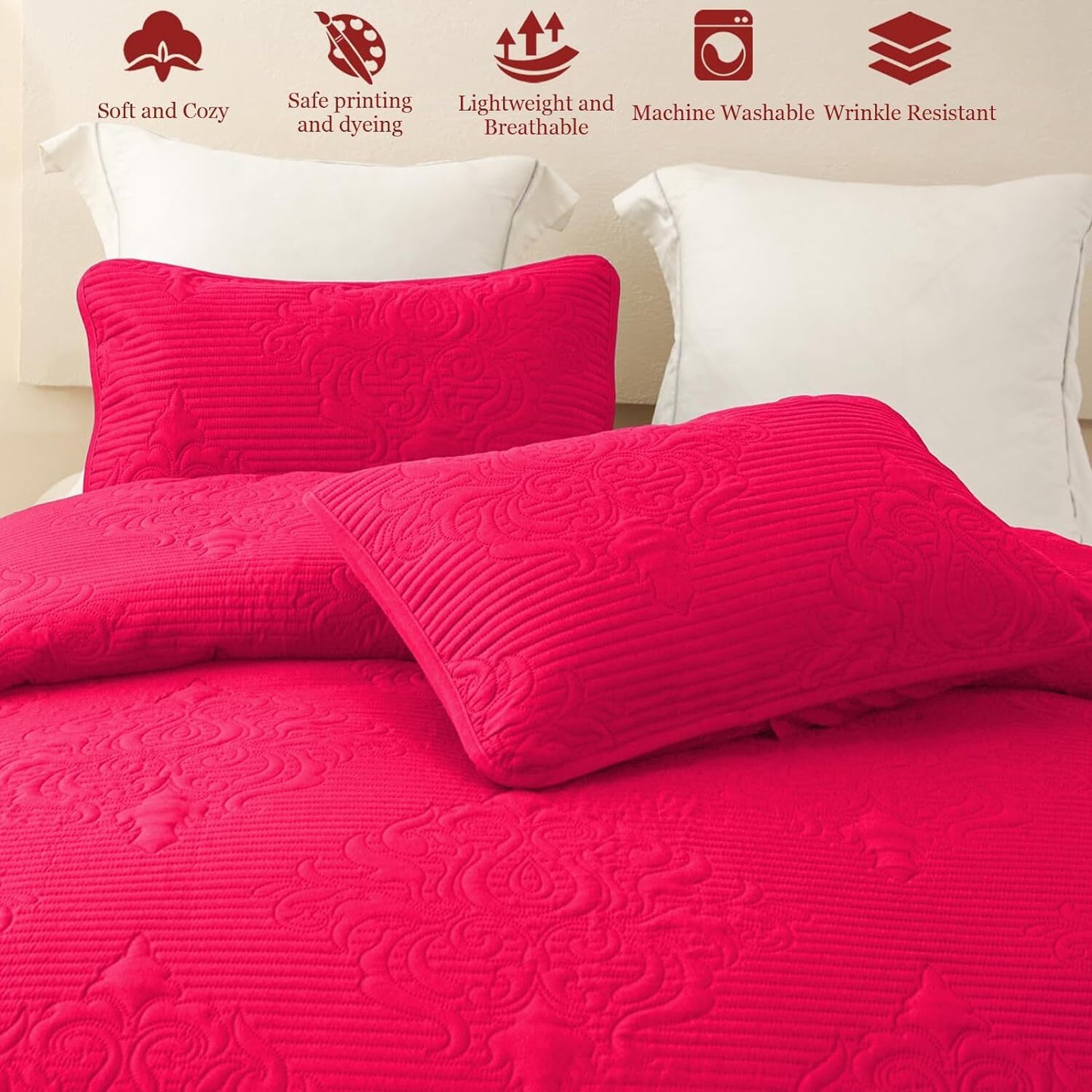 Whale Flotilla 3-Piece King Quilt Set, Soft Embossed Bedding Set, Lightweight Bedspread Coverlet with Damask Vintage Pattern, Reversible Bed Cover for All Seasons, Hot Pink