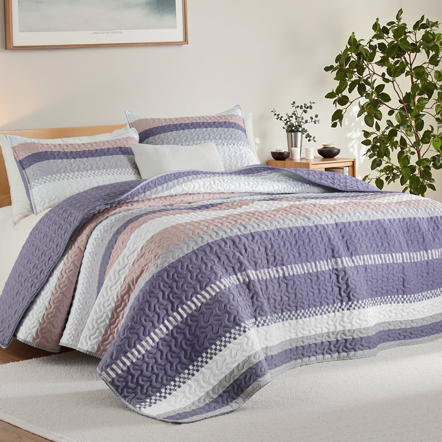 Whale Flotilla Reversible Ultra Soft Printed Quilts King Size, Lightweight Patchwork Geometric Stripes Bedspreads Coverlets Quilt Bedding Set with 2 Pillow Shams for All Seasons, Purple and Pink