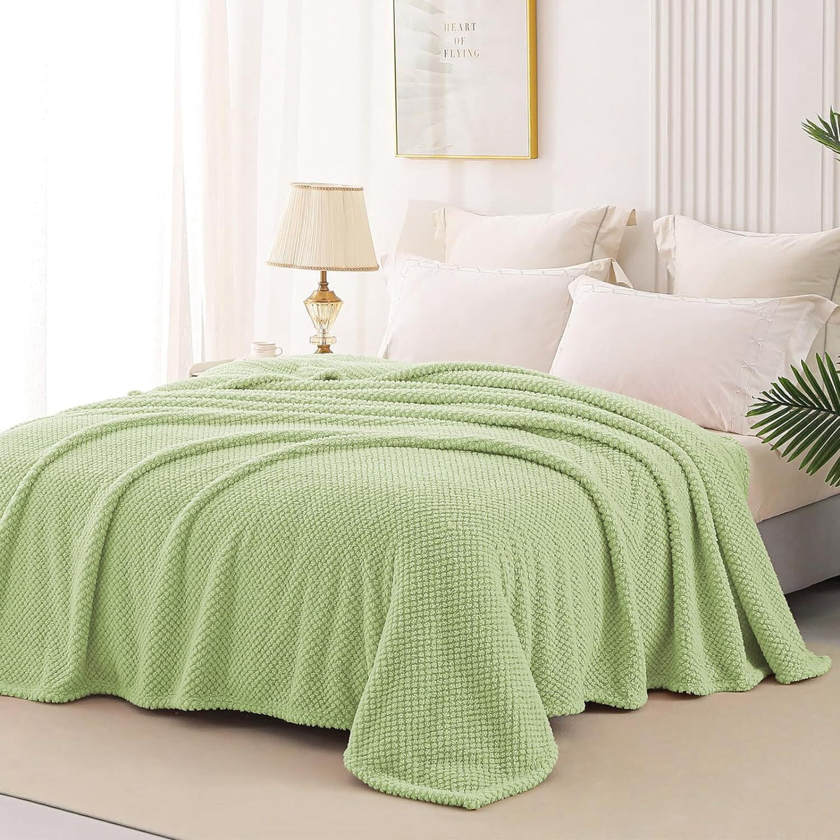 Whale Flotilla Queen Size Fuzzy Fleece Blanket, Fluffy Warm Soft Jacquard Bed Blankets for Fall Winter, Lightweight and Cozy, 90x90 Inch, Light Green
