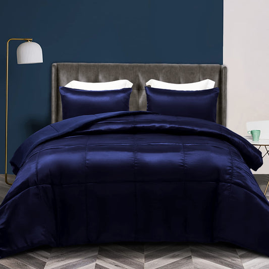 Whale Flotilla 2-Piece Reversible King Size Silk Comforter Set/Bedding Set, Soft Satin Comforter with 1 Satin Pillowcases, Lightweight Duvet Set for All Seasons, Deep Purple