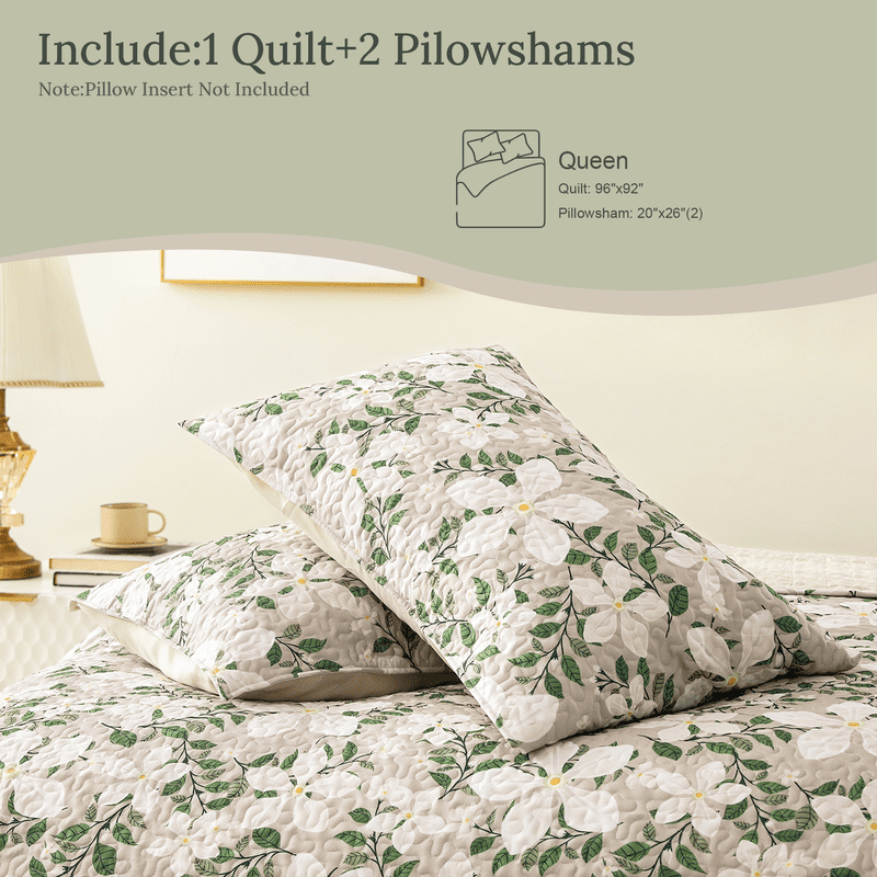 Whale Flotilla Reversible Floral Quilt Set Queen Size, Lightweight Boho Printed Bedspreads Coverlets Quilts Bedding Set with 2 Pillow Shams for All Seasons, White/Bone