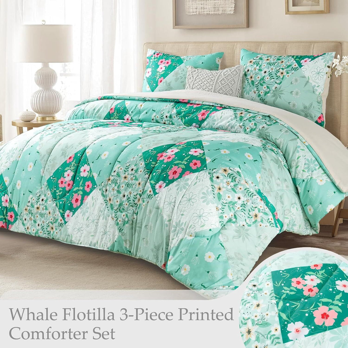 Whale Flotilla 3-Piece Queen Comforter Set, Soft Reversible Bedding Comforter Sets, Patchwork Printed Down Alternative Comforter Duvet for All Seasons, Light Green