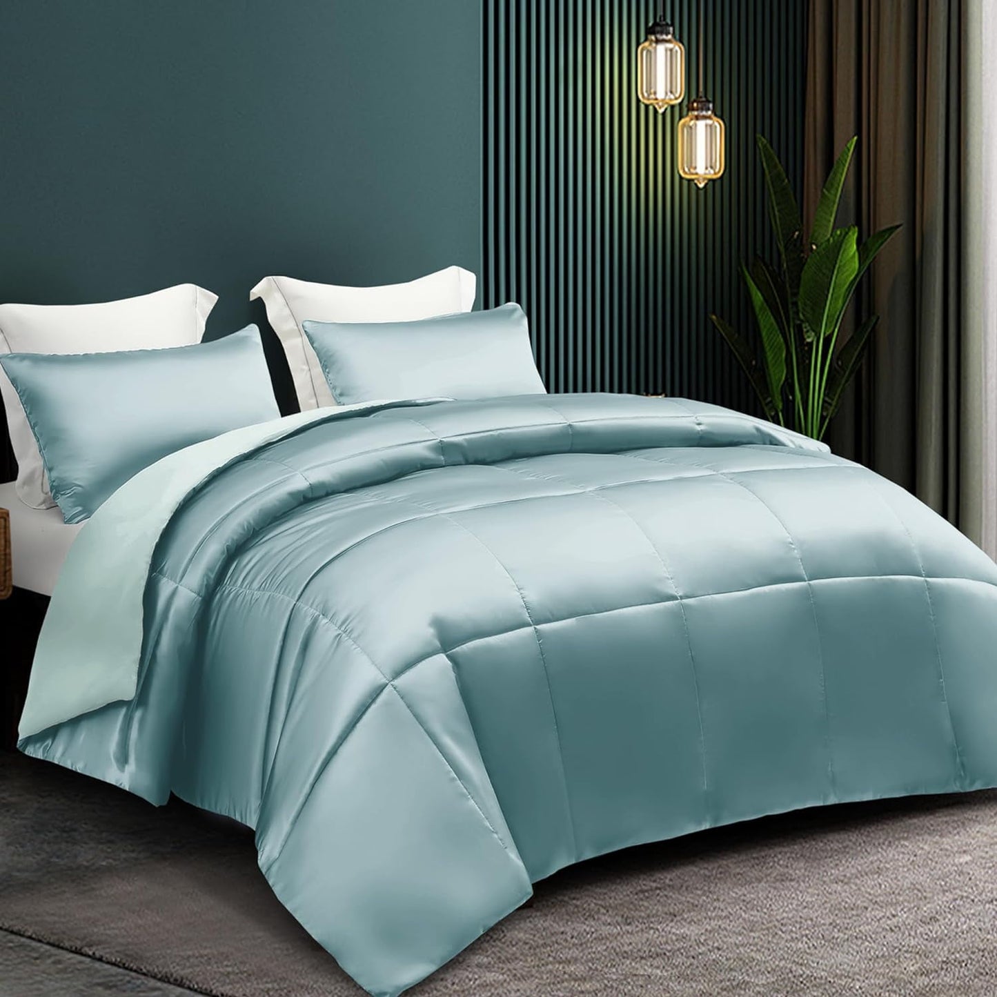 Whale Flotilla 2-Piece Reversible King Size Silk Comforter Set/Bedding Set, Soft Satin Comforter with 1 Satin Pillowcases, Lightweight Duvet Set for All Seasons, Brown