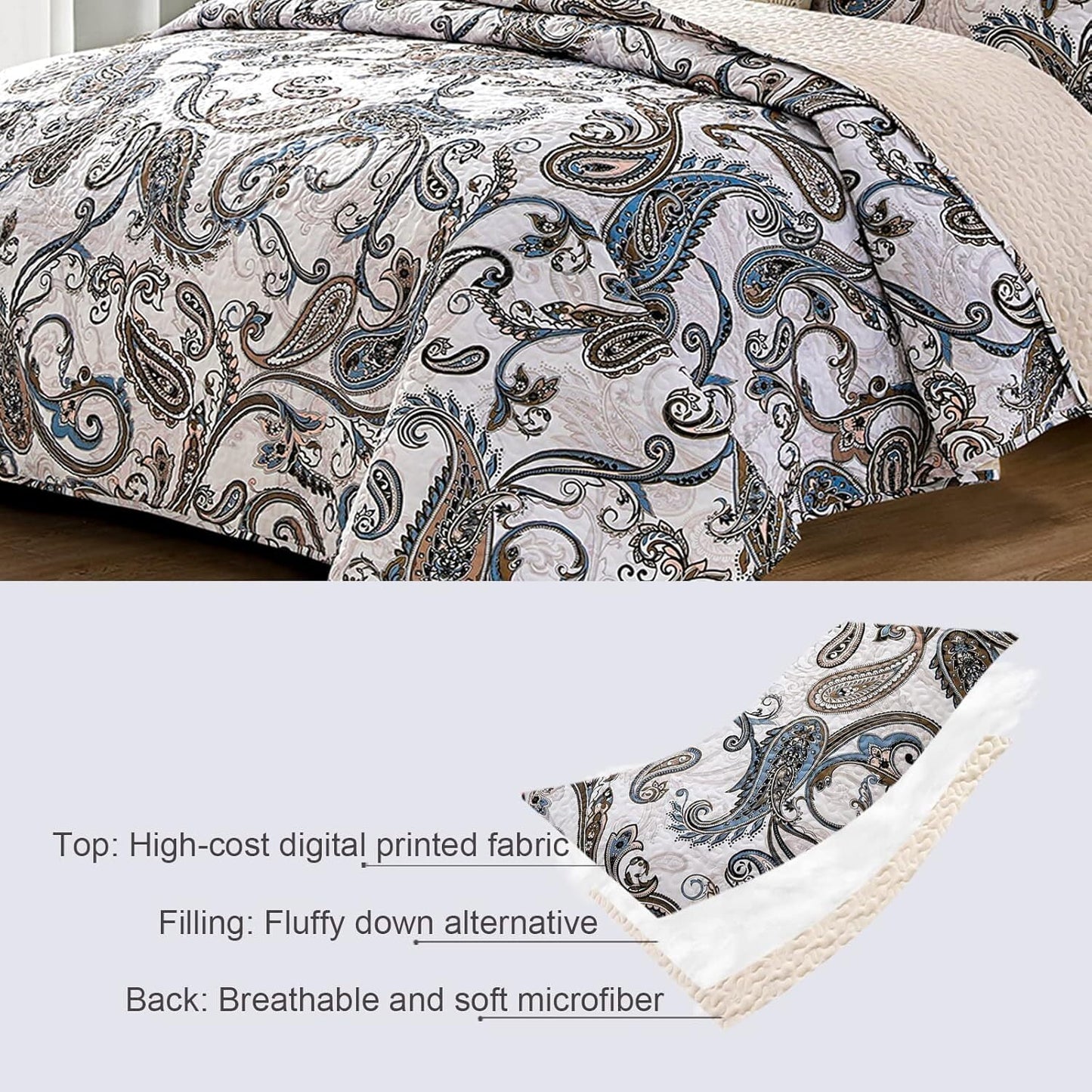 Whale Flotilla Reversible Paisley Quilt Set California King Size, Lightweight Boho Printed Bedspreads Coverlets Quilts Bedding Set with 2 Pillow Shams for All Seasons, Bone/Grey