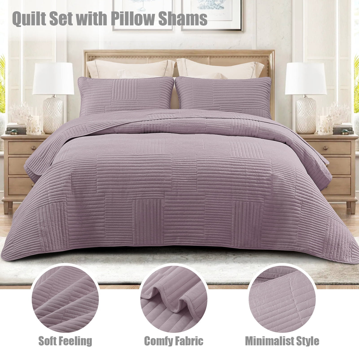 Whale Flotilla King Quilt Set, Soft and Lightweight Bedspreads Coverlet with Striped Pattern, Reversible Bedding Sets with Pillow Shams, 96x104 Inches, Lilac Ash