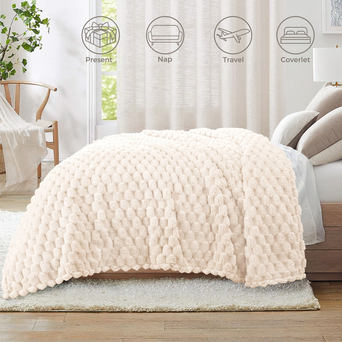 Whale Flotilla 50"x60" Throw Blanket for Couch with Expanded 3D-Jacquard Pattern, Fuzzy Soft Cozy Exquisite Blankets or All Season, Warm and Fluffy, White