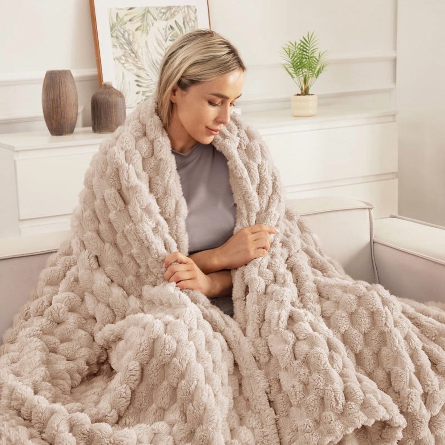 Whale Flotilla 60"x 80" Twin Size Blanket for Bed with Expanded 3D-Jacquard Pattern, Fuzzy Soft Cozy Exquisite Blankets or All Season, Warm and Fluffy, Camel