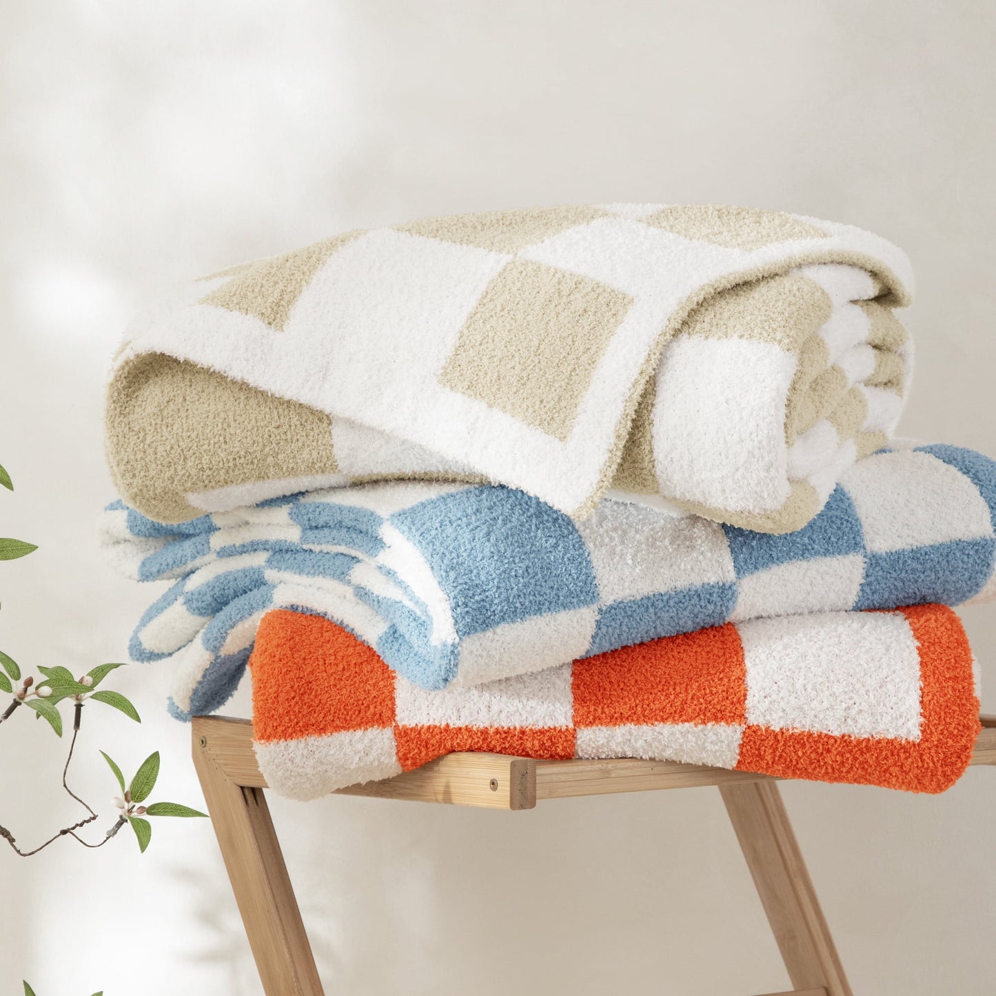 Whale Flotilla Checkered Knit Queen Size Blanket for Bed, Soft Fluffy and Cozy, 90"x90", Light Blue