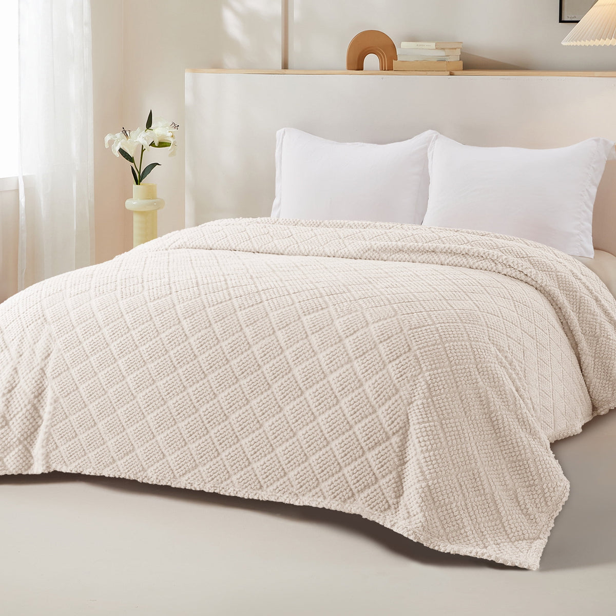 Whale Flotilla Fuzzy Fleece Queen Size Blanket for Bed, Soft Fluffy Jacquard Waffle Blankets for All Season, Lightweight and Warm, 90x90 Inch, Ivory