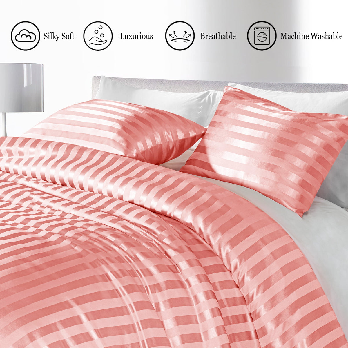 Whale Flotilla Twin Comforter Set 2-Piece Pink Satin Stripe Bedding, Lightweight All-Season Reversible Soft Bedding Set with 1 Pillowcase