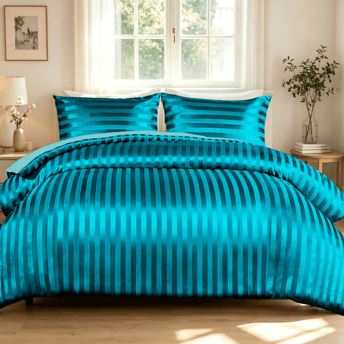 Whale Flotilla Queen Comforter Set 3-Piece Turquoise Satin Stripe Bedding, Lightweight All-Season Reversible Soft Bedding Set with 2 Pillowcases