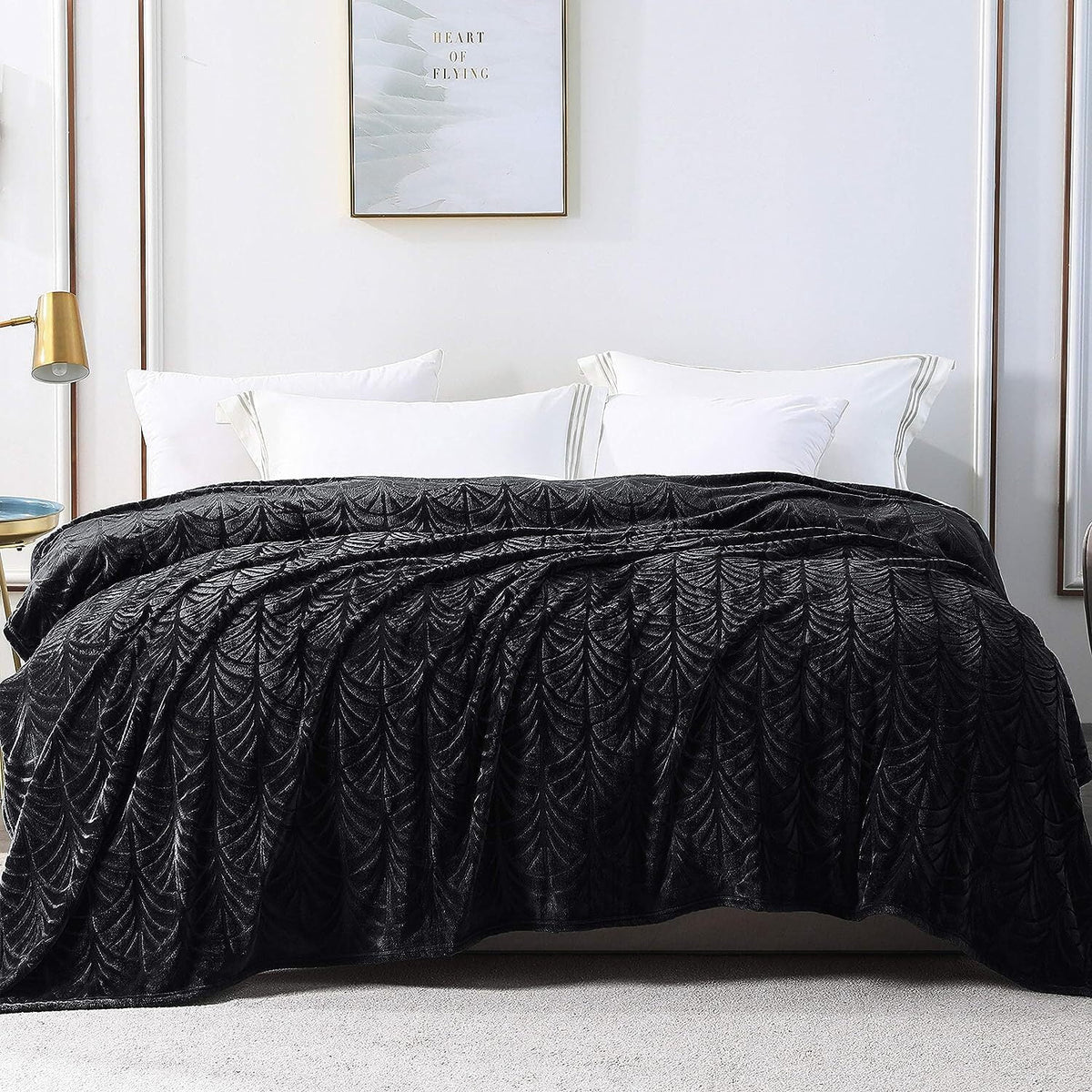 Whale Flotilla Flannel Fleece 90x66 Inch Twin-XL Size Blanket for Bed, Soft Fluffy Velvet Bedspread Coverlet with Decorative Vintage Pattern for All Season, Warm and Lightweight, Black