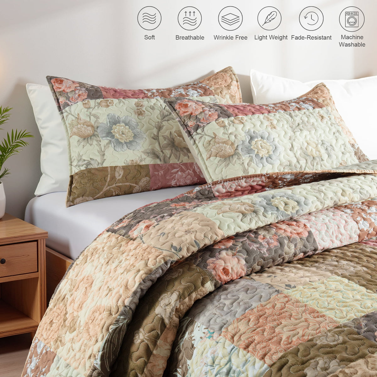 Whale Flotilla Reversible Patchwork Quilts Queen Size, Lightweight Boho Printed Bedspreads Coverlets Full Size Quilt Bedding Set with 2 Pillow Shams for All Seasons, Vintage Red Flowers