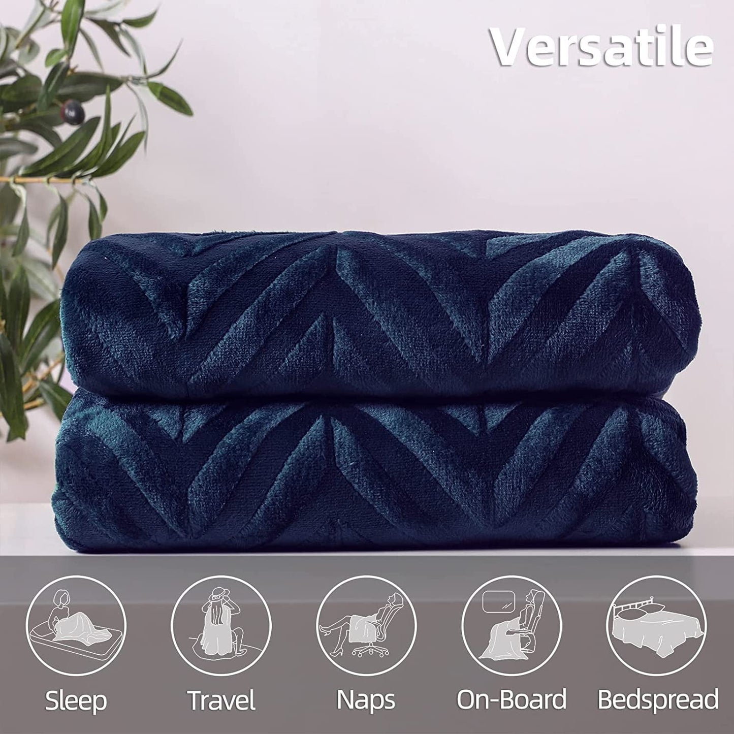 Whale Flotilla Flannel Fleece King Size(90x104 Inch) Lightweight Bed Blanket, Soft Velvet Bedspread Plush Fluffy Coverlet Chevron Design Decorative Blanket for All Seasons, Navy Blue