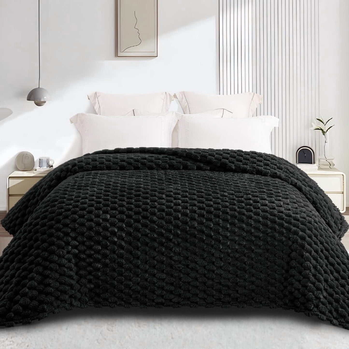 Whale Flotilla 90"x 104" King Size Blanket for Bed with Expanded 3D-Jacquard Pattern, Fuzzy Soft Cozy Exquisite Blankets or All Season, Warm and Fluffy, Black