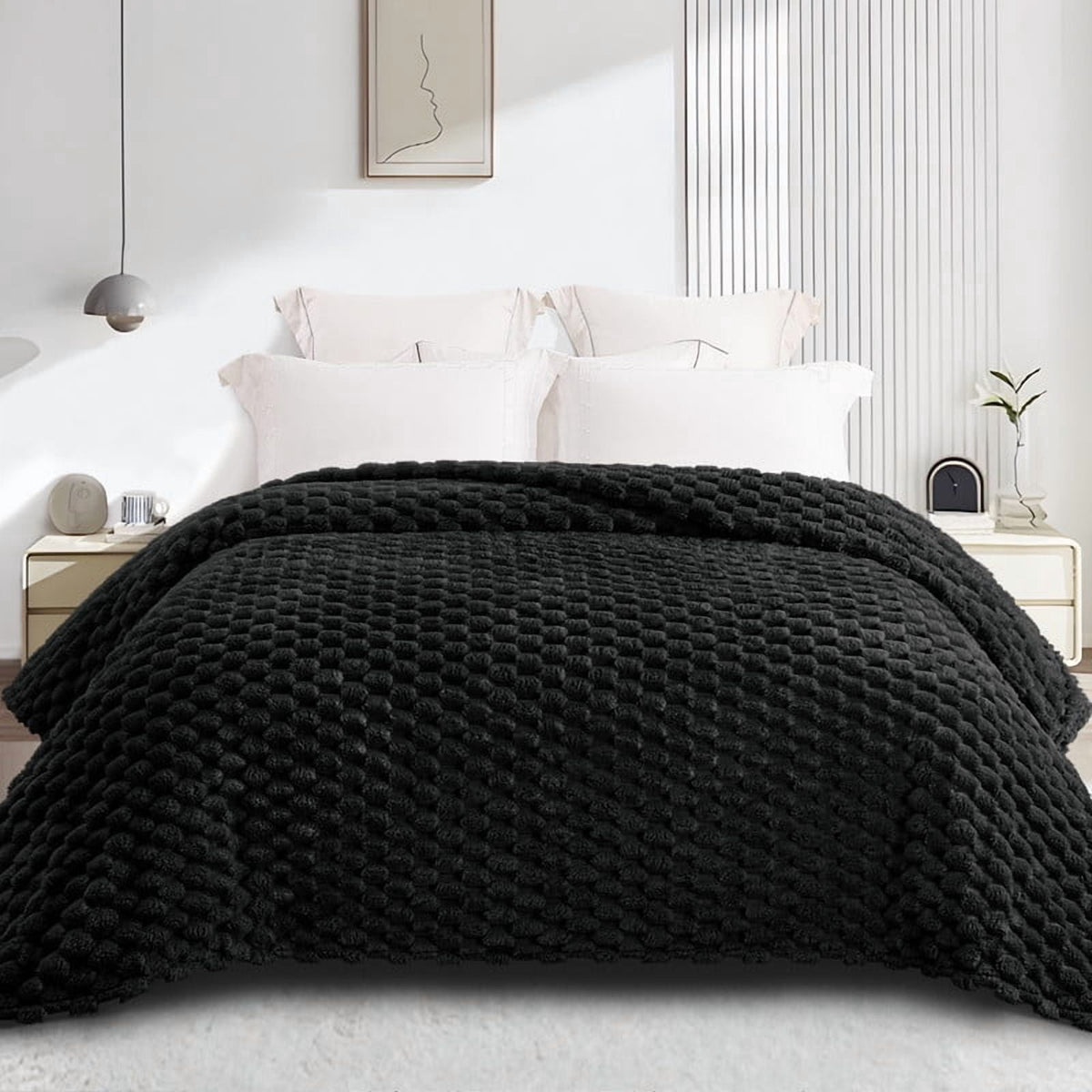 Whale Flotilla 60"x 80" Twin Size Blanket for Bed with Expanded 3D-Jacquard Pattern, Fuzzy Soft Cozy Exquisite Blankets or All Season, Warm and Fluffy, Black