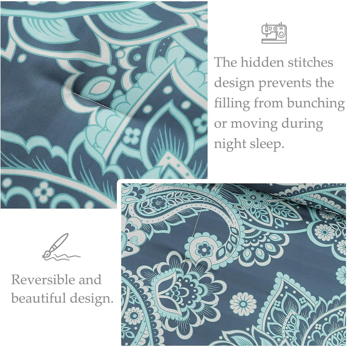 Whale Flotilla 3-Piece Queen Comforter Set, Soft Reversible Bedding Comforter Sets, Paisley Printed Down Alternative Comforter Duvet for All Seasons, Turquoise