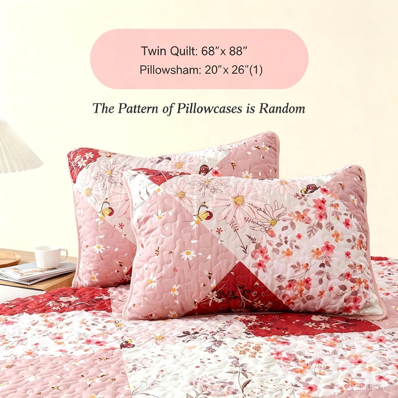 Whale Flotilla Reversible Patchwork Quilts Twin Size, Lightweight Boho Printed Bedspreads Coverlets Quilt Bedding Set with 1 Pillow Sham for All Seasons, Red