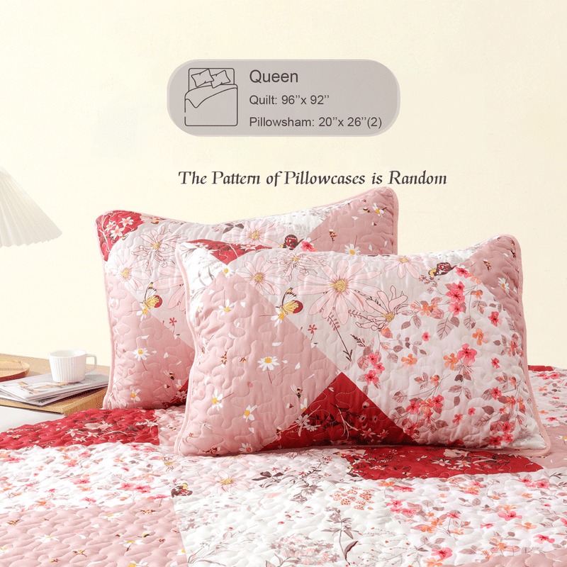 Whale Flotilla Reversible Patchwork Quilt Set Queen Size, Lightweight Boho Printed Bedspreads Coverlets Quilts Bedding Set with 2 Pillow Shams for All Seasons, Red