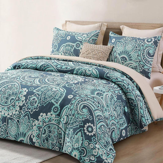Whale Flotilla King Comforter Set, Soft Reversible Beige Bedding Comforter Set with Pailsey Pattern, 1 Micoriber Printed Comforter and 2 Pillow Shams, 3 Pieces
