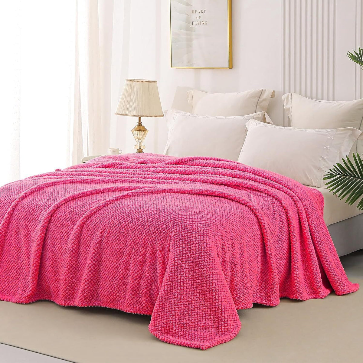Whale Flotilla Queen Size Fuzzy Fleece Blanket, Fluffy Warm Soft Jacquard Bed Blankets for Fall Winter, Lightweight and Cozy, 90x90 Inch, Hot Pink