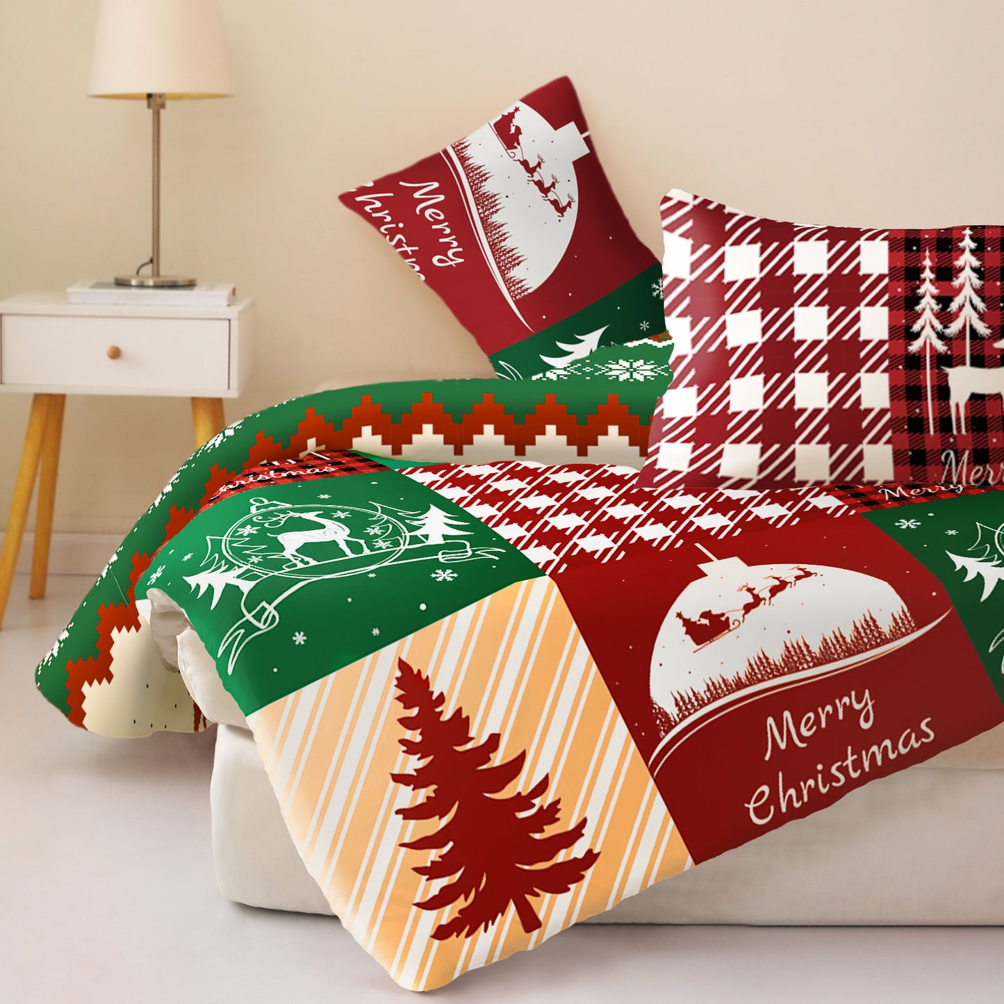 Whale Flotilla 3-Piece King Comforter Set, Soft Reversible Bedding Comforter Sets, Patchwork Printed Down Alternative Comforter Duvet for All Seasons,Happy Christmas