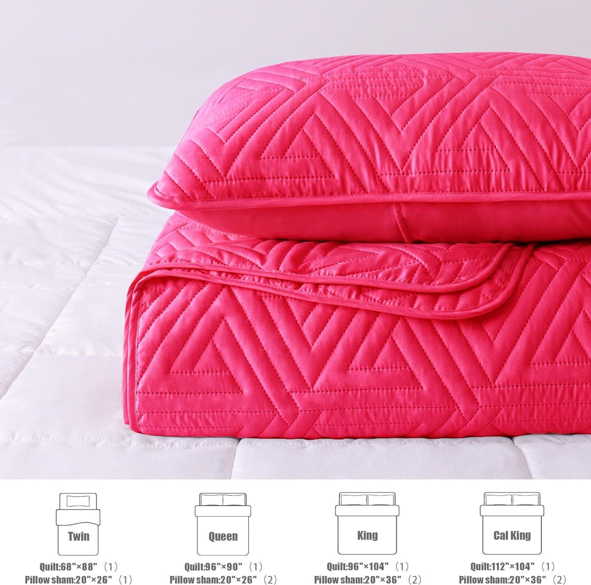 Whale Flotilla 3-Piece King Size Quilt Set for All Season, Classic Geometric Pattern Bedding Set with 2 Pillow Shams, Soft and Lightweight, Hot Pink