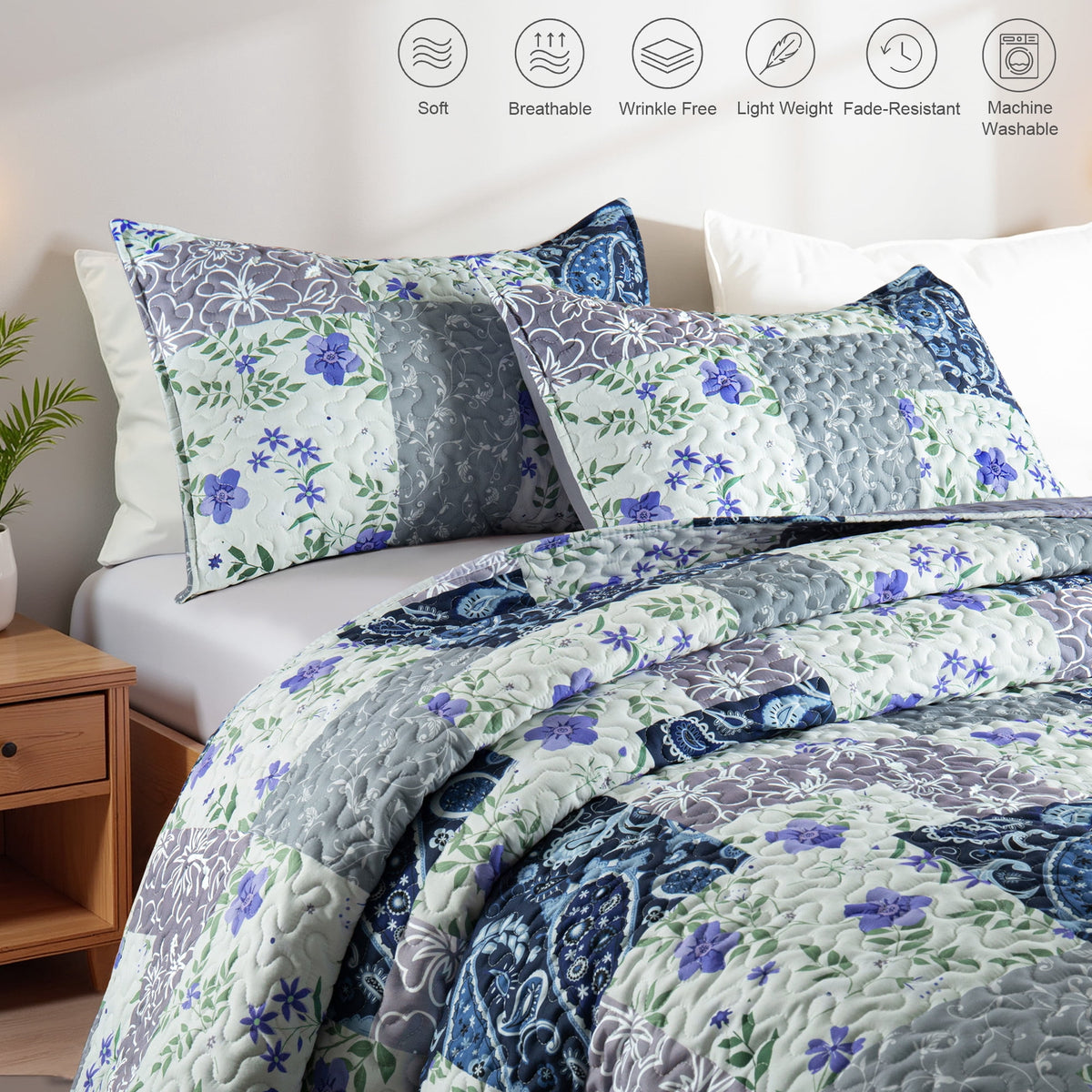 Whale Flotilla Reversible Patchwork Quilts Twin Size, Lightweight Boho Printed Bedspreads Coverlets Quilt Bedding Set with 1 Pillow Shams for All Seasons, Paisley Flowers