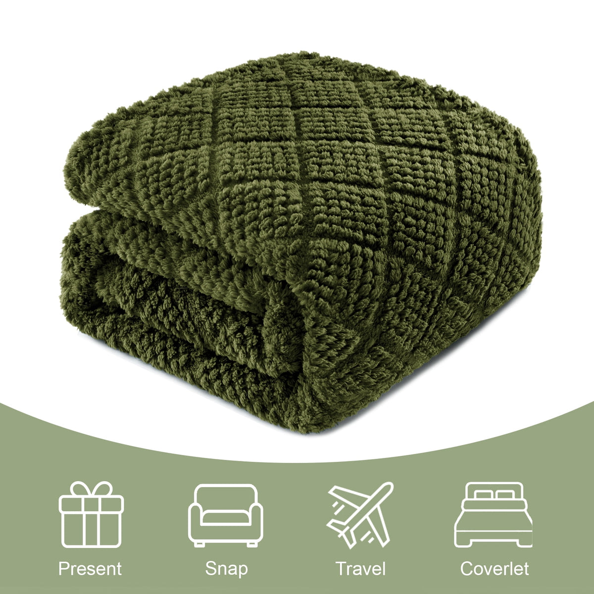 Whale Flotilla Fuzzy Fleece Queen Size Blanket for Bed, Soft Fluffy Jacquard Waffle Blankets for All Season, Lightweight and Warm, 90x90 Inch, Olive