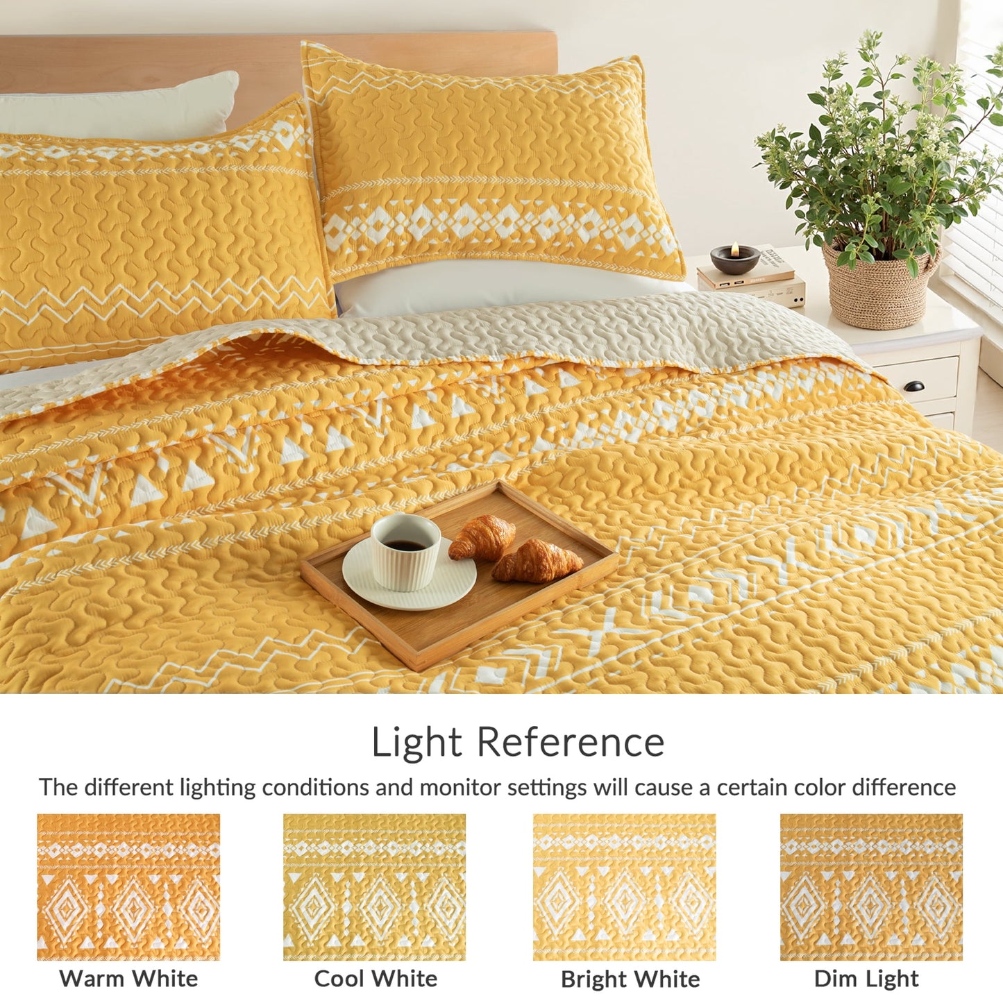Whale Flotilla Reversible Ultra Soft Printed Quilts Queen Size, Lightweight Patchwork Geometric Stripes Bedspreads Coverlets Queen Quilt Bedding Set with 2 Pillow Shams for All Seasons, Yellow