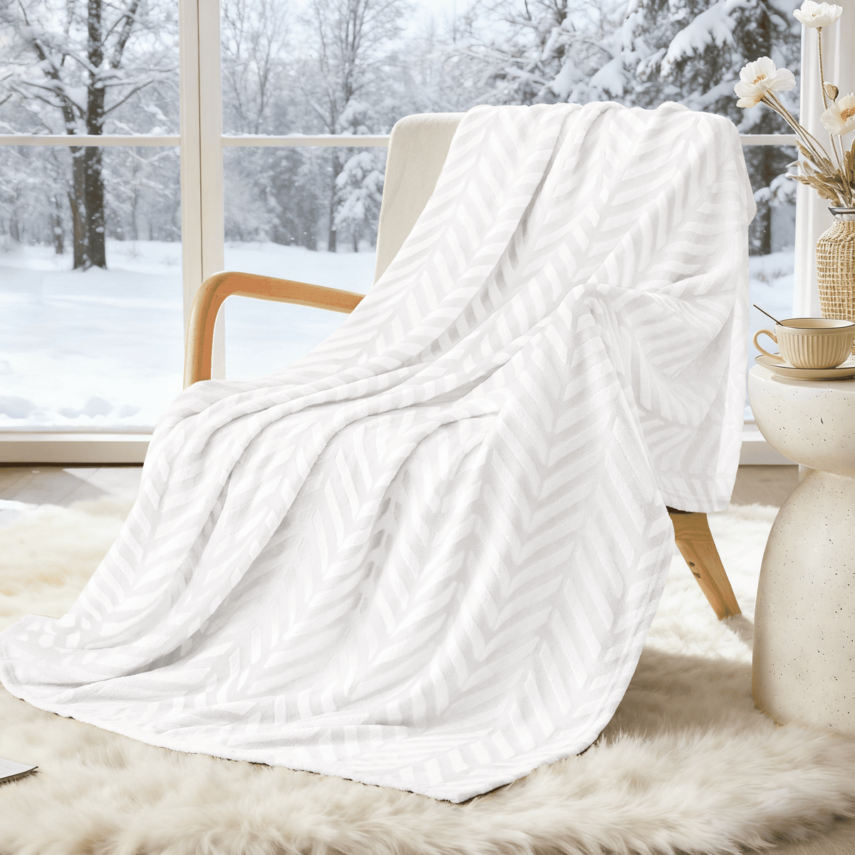 Whale Flotilla Soft Flannel Fleece Lightweight 50"x60" Throw Blanket, Brushed Chevron Design Fluffy Plush Cozy Blanket for All Seasons, White