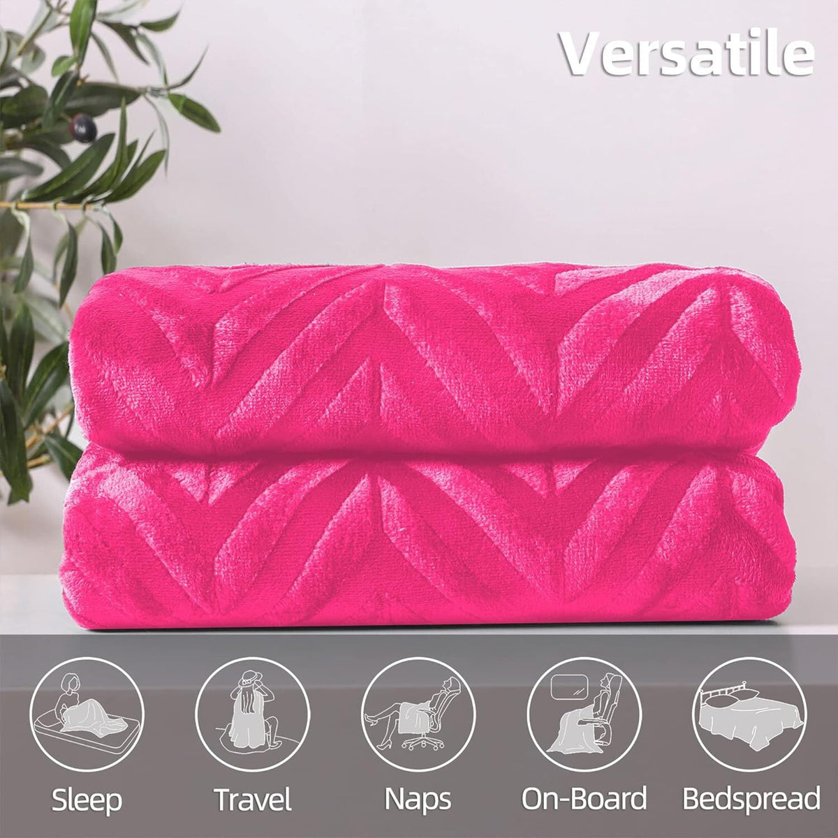 Whale Flotilla Flannel Fleece King Size 90x104 Inch Bed Blanket, Soft Velvet Lightweight Bedspread Plush Fluffy Coverlet Chevron Design Decorative Blanket for All Season, Hot Pink