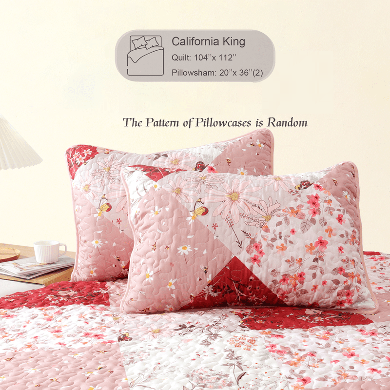 Whale Flotilla Reversible Patchwork Quilt Set California King Size, Lightweight Boho Printed Bedspreads Coverlets Quilts Bedding Set with 2 Pillow Shams for All Seasons, Red