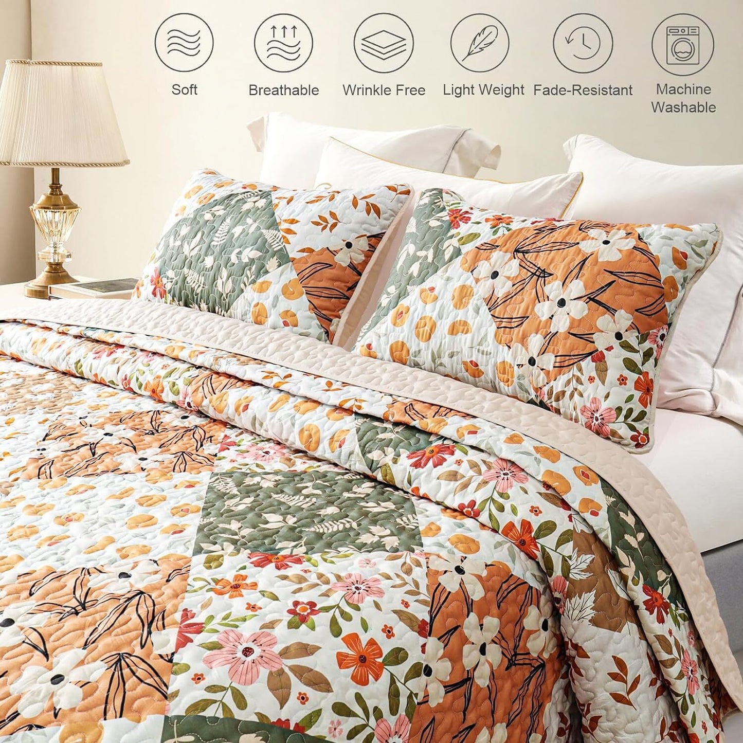 Whale Flotilla Reversible Patchwork Quilts Twin Size, Lightweight Boho Printed Bedspreads Coverlets Quilt Bedding Set with 1 Pillow Sham for All Seasons, Orange